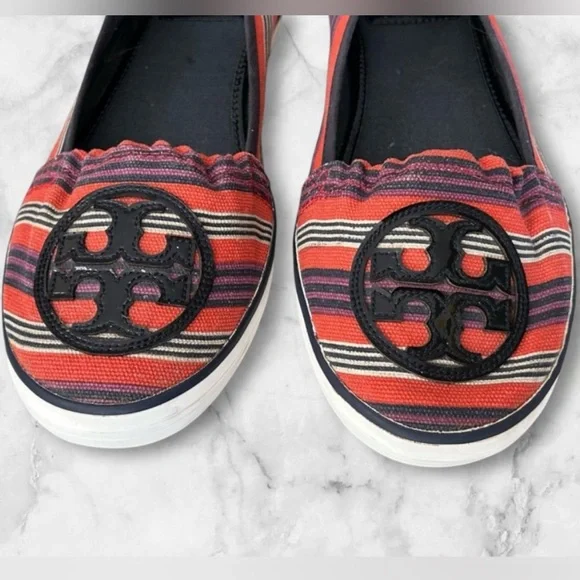 Tory Burch Raymond Canvas Flats Black Patent Logo Slip Ons Red White Blue Size 8 - Picture 3 of 13